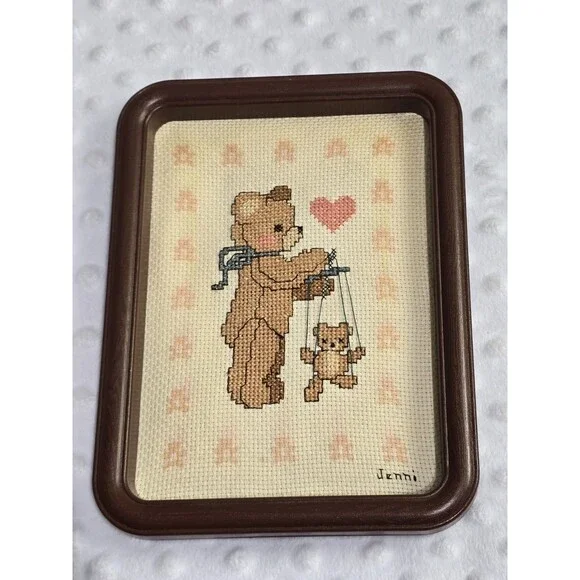 Framed Teddy Bear Cross Stitch Frame Vintage Nursery 1980's Decor Cottagecore - Picture 8 of 12